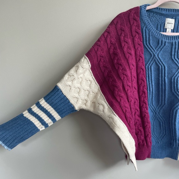 Anthropologie Maeve Colorblock Cable Knit Sweater Oversized Pink Blue Burgundy - Picture 6 of 11